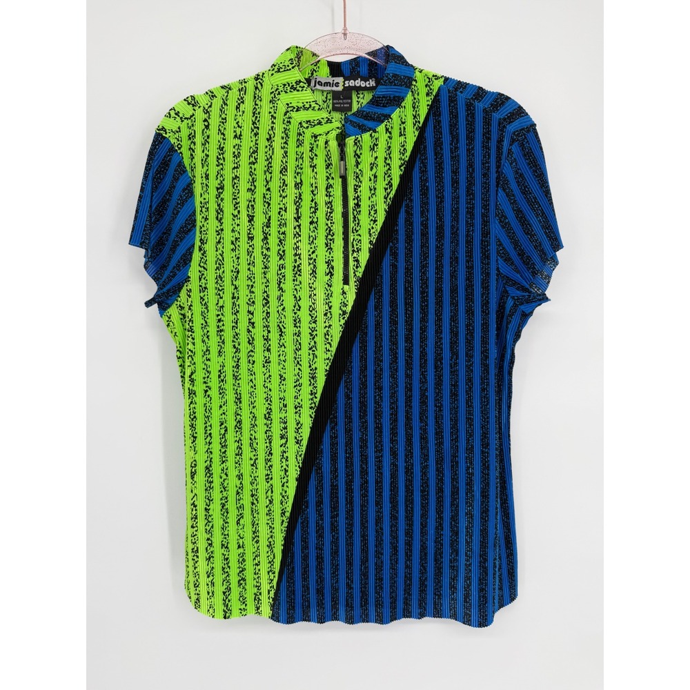 Jamie Sadock Mens Golf Shirt Green Blue Quarter Zip Pleated Animal Print Sz L
